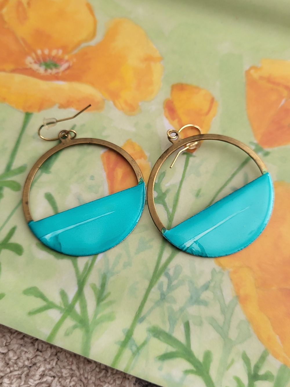 Goldtone Metal Hoop Earrings with Turquoise Enamel - Women's Jewelry